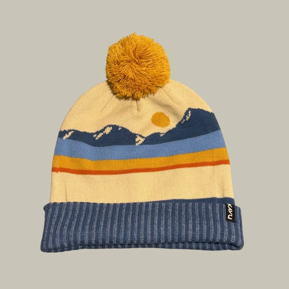 KAVU Herschel Pom Beanie Mountain Landscape Knit Winter Hat Blue Cream Unisex